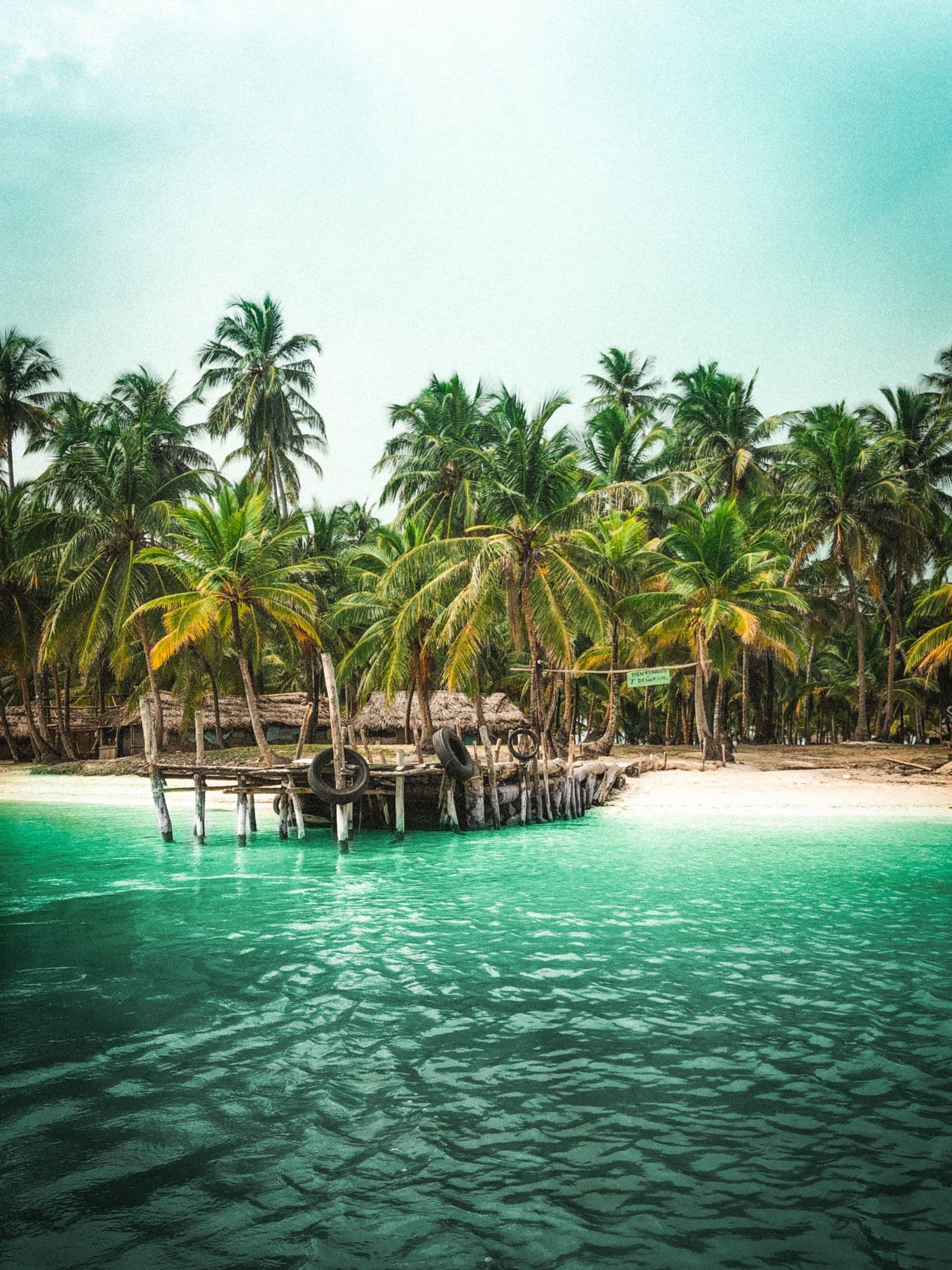 Palm trees over turquoise water on a remote Panama beach